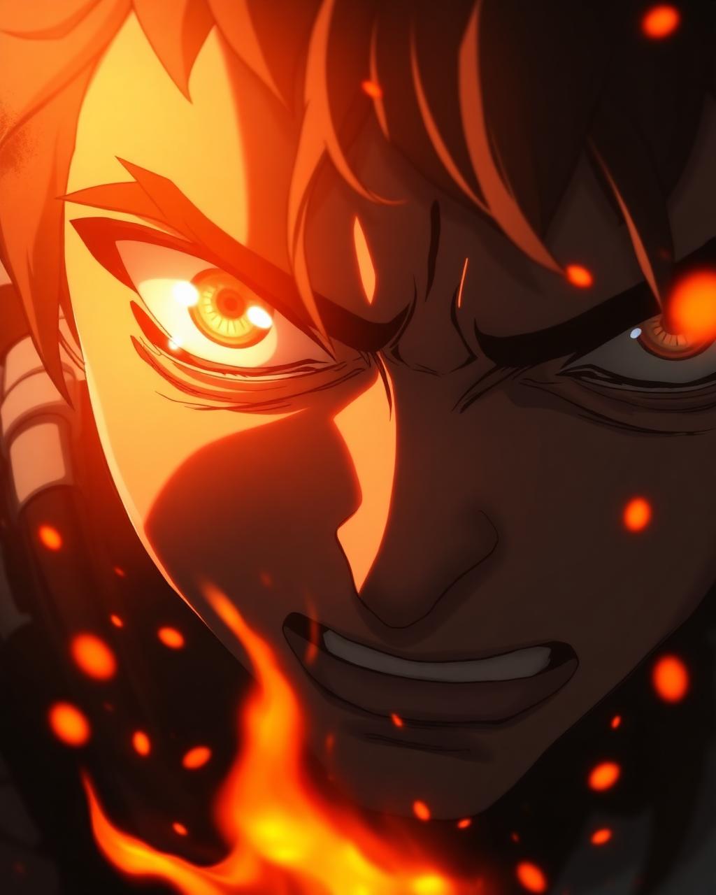 Anime warrior close-up, burning eyes